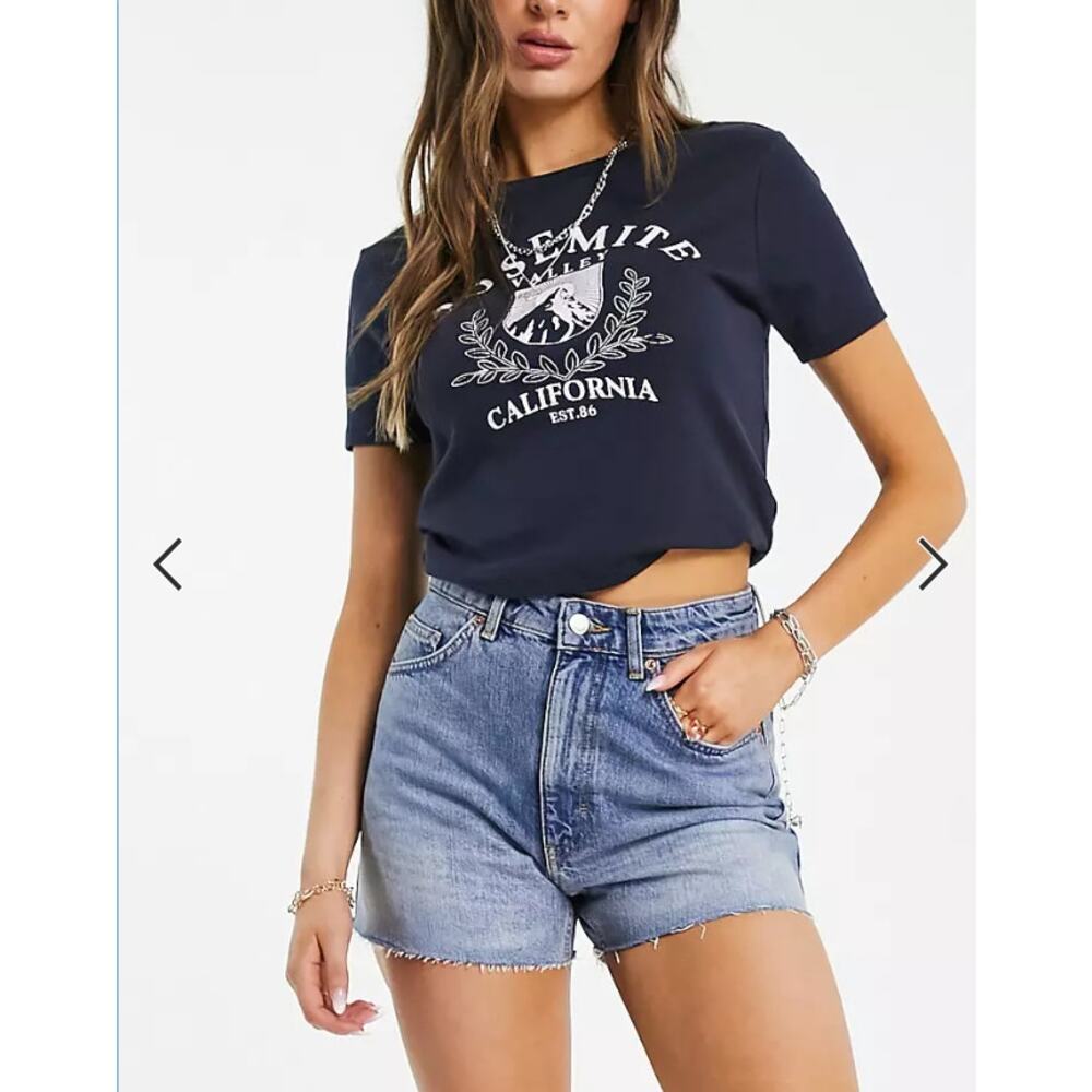NWT Topshop Moto Women’s Mom High Waisted Raw Hem Denim Shorts Size‎ 8 Blue